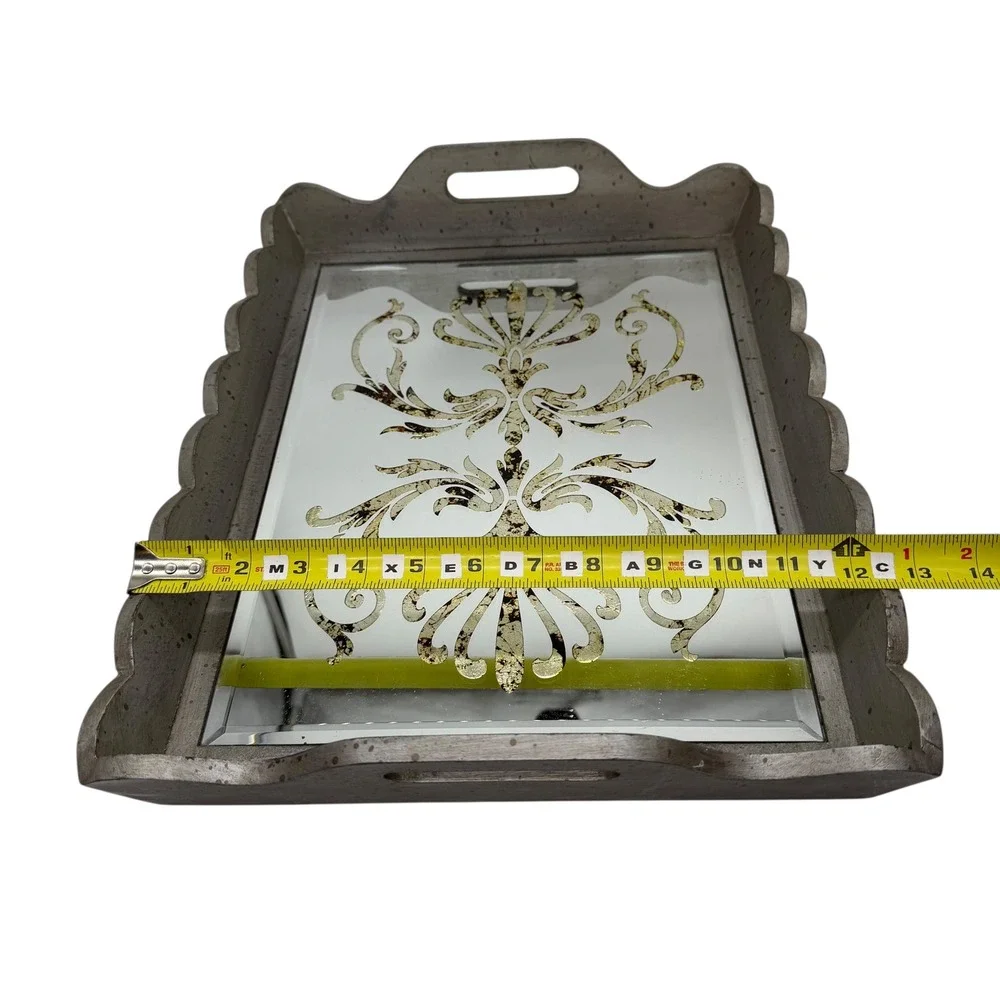 Decorative Mirrored Serving Tray Gray Wood Gold Scroll‎ Accent Handles
